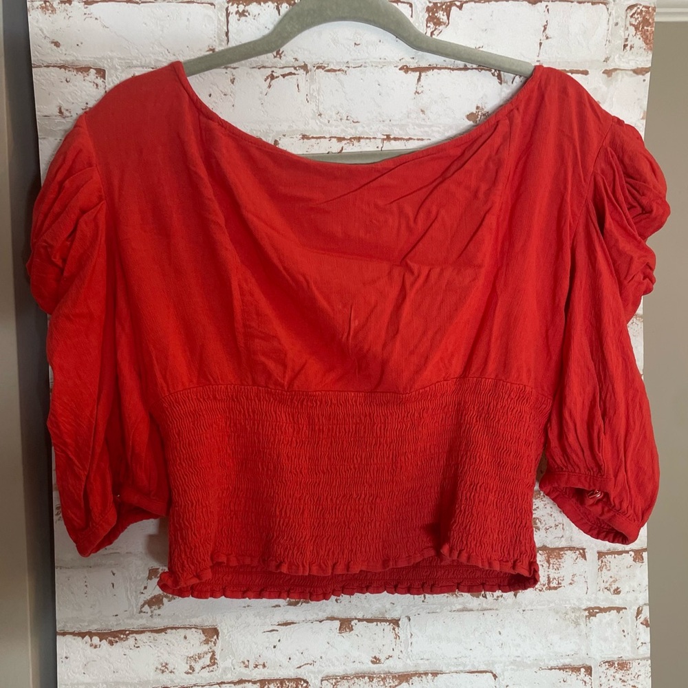 Free People Red Ruched Sleeve Blouse - Picture 2 of 4
